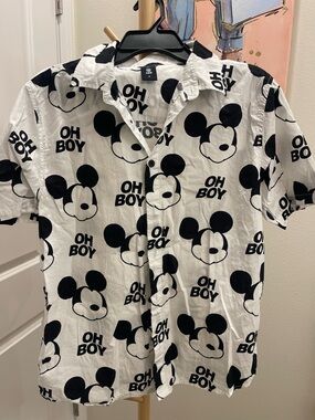 Neff White and Black Mickey Print Button-Up Shirt